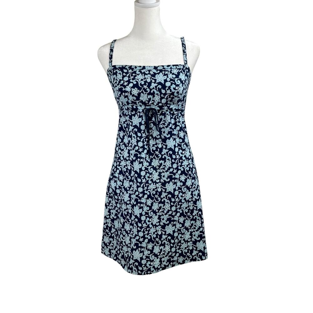 Vintage 80s 90s La Belle Blue Floral Cotton Mini Sundress Junior 11 Women's S M